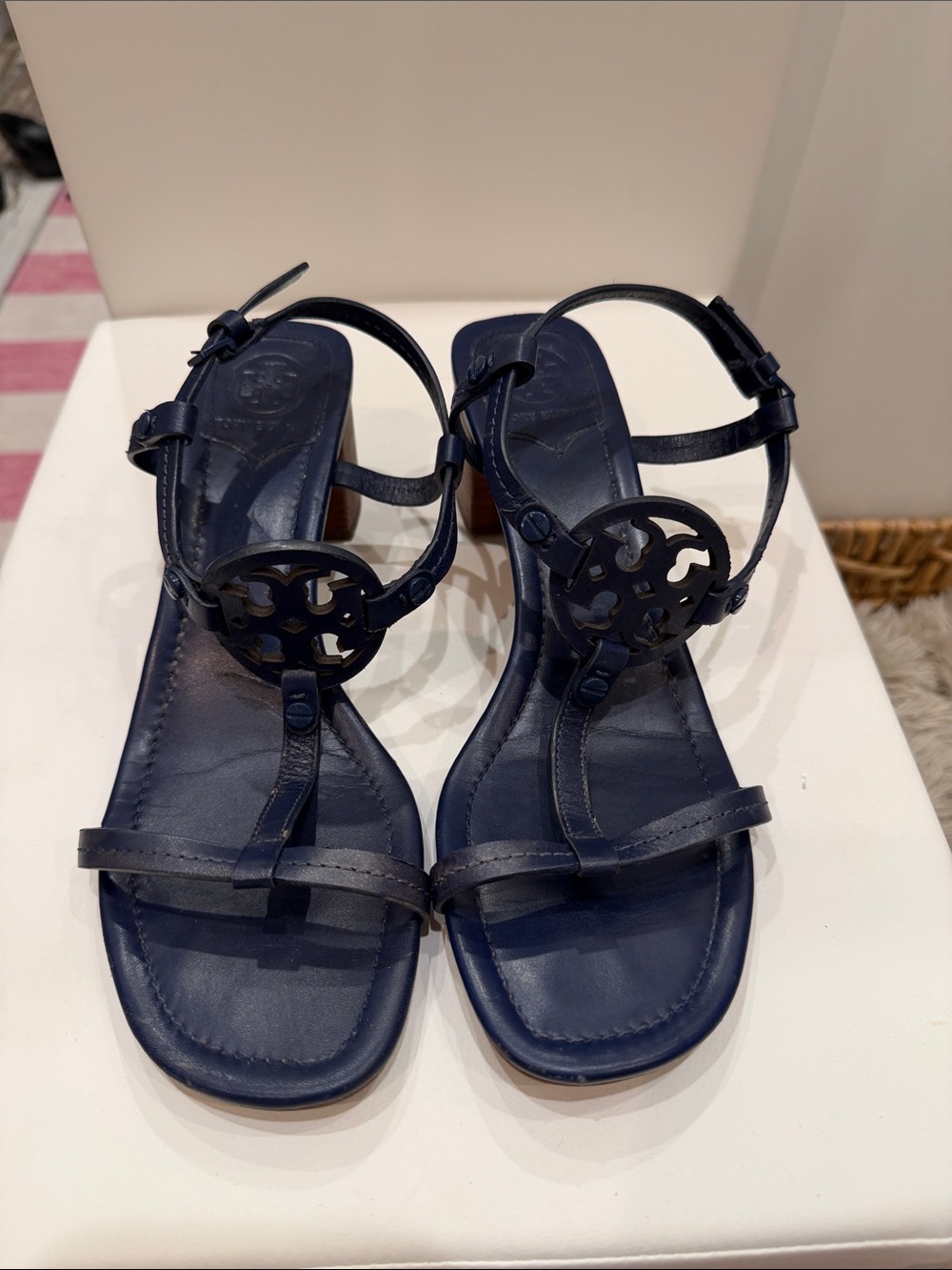 Tory Burch Navy Leather T-Strap Women's Sandals